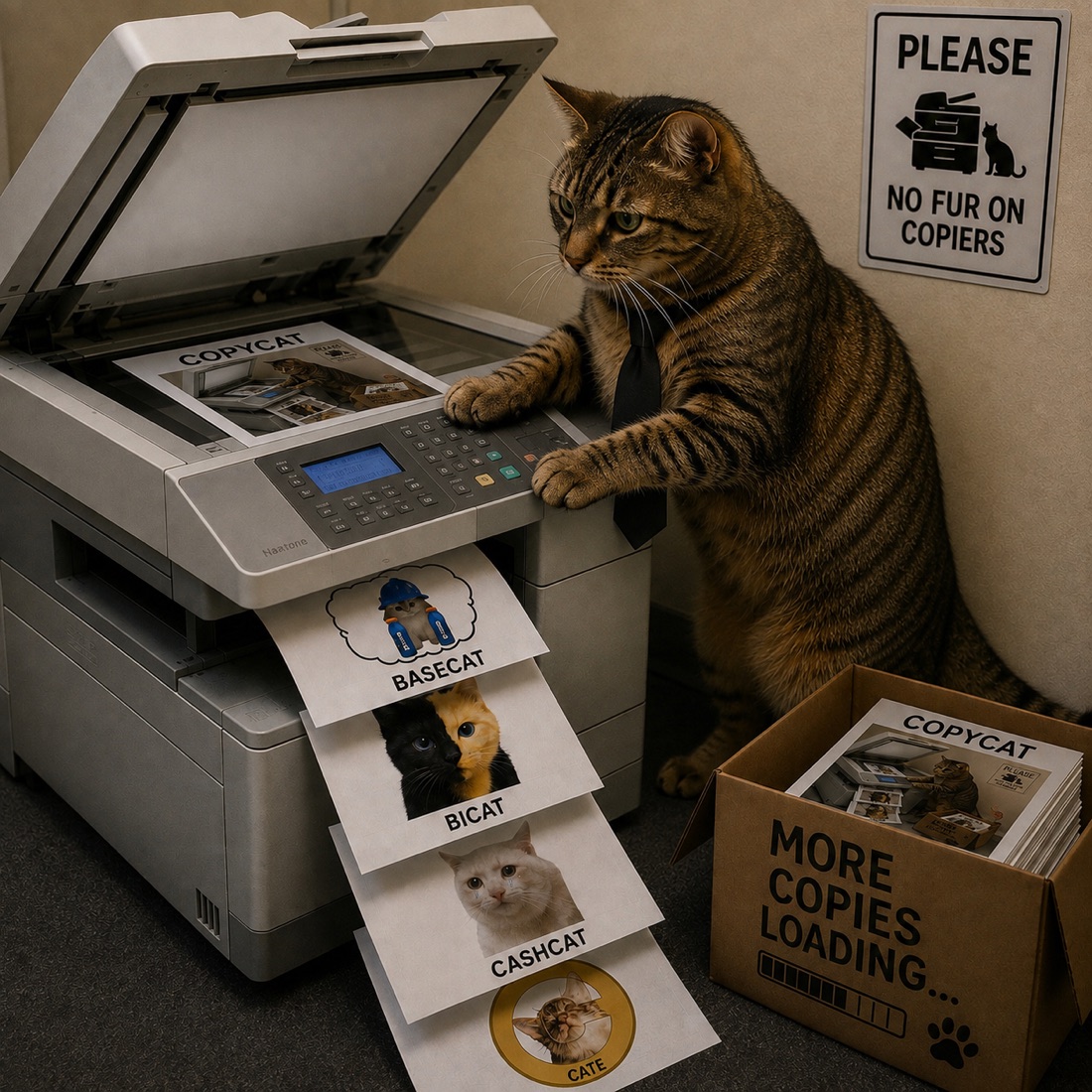 A tabby cat in a necktie at an office photocopier, printing copies of other cat meme coins into a box marked more copies loading